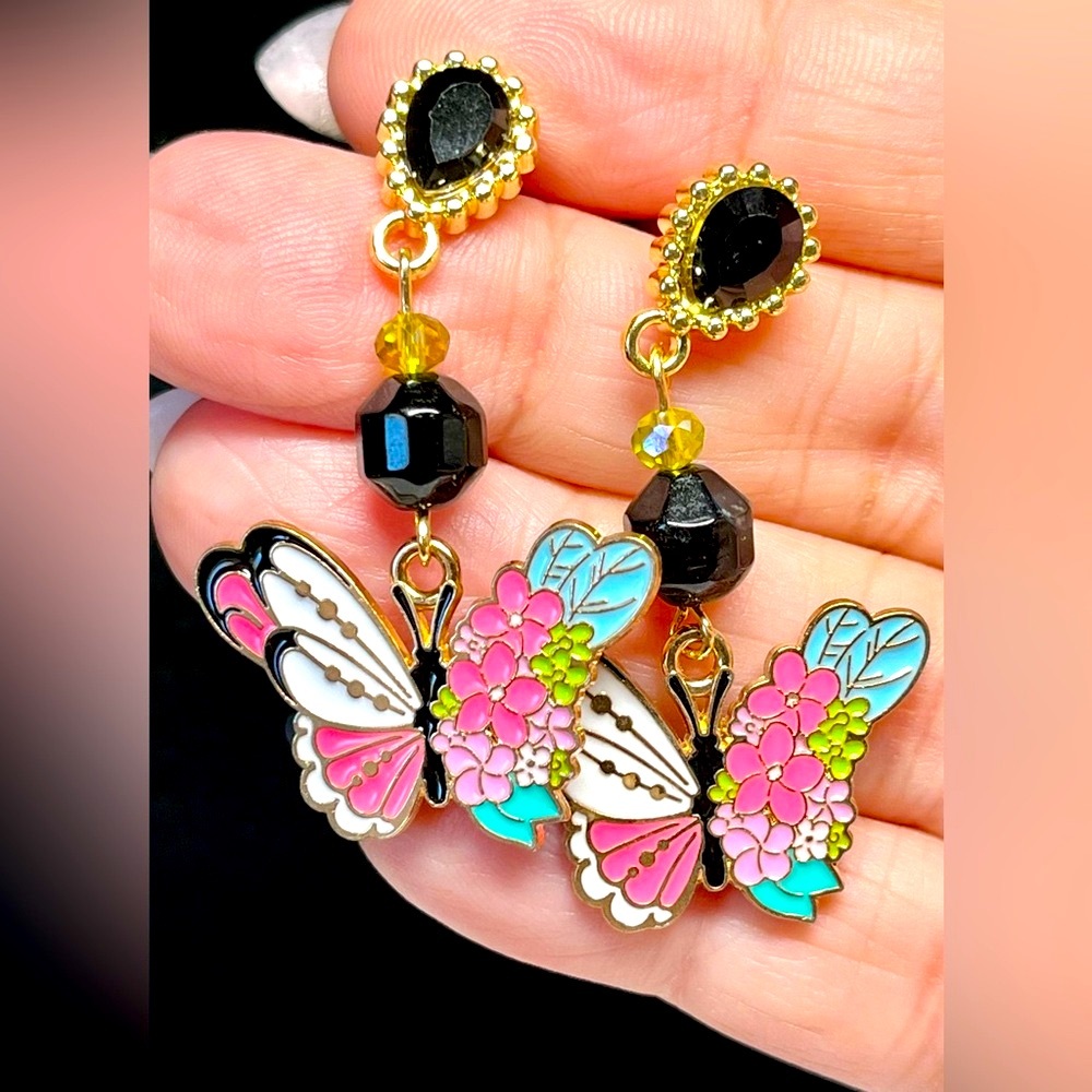 ☀️💚large Y2K color butterfly EARRING with black accents/gold-beaded/real onyx